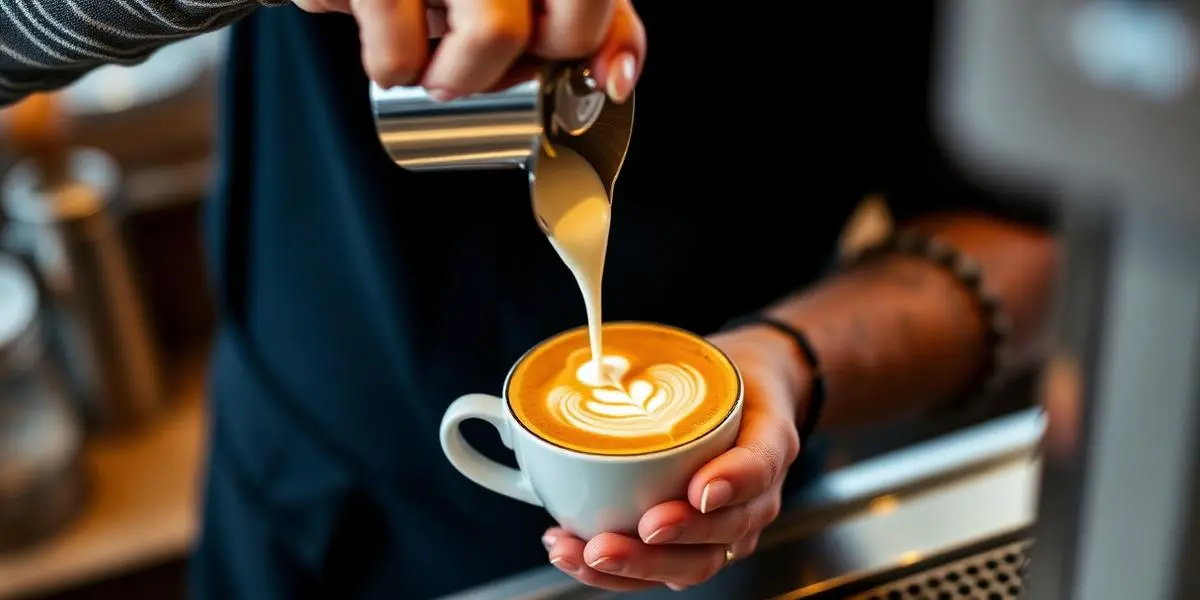 A barista pouring a flat white at Corti Cafe